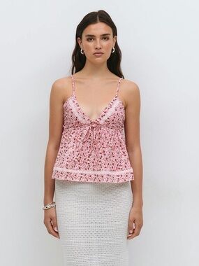 Gina Tricot Pink Floral Spaghetti-Strap Top Lace Trim Sz XXL